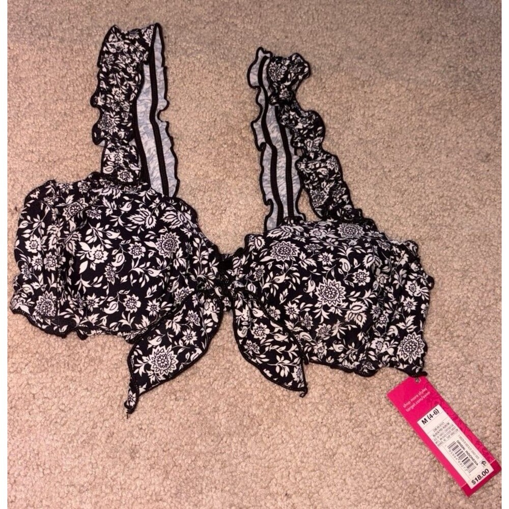 Black and White Floral Ruffle Bikini Top